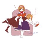  2girls alice_margatroid black_skirt blonde_hair blue_dress book bow bowtie capelet closed_mouth commentary_request couch dated dress frilled_hairband frills hairband holding holding_book kirisame_marisa lolita_hairband long_hair long_sleeves lying_on_lap multiple_girls on_couch open_book reading red_bow red_bowtie short_hair simple_background sitting skirt socks touhou translation_request white_background yonu_(yonurime) 