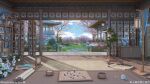  architecture blue_sky board_game bridge cloud cup day drawer east_asian_architecture flower flower_pot go_(board_game) indoors no_humans original plant sanxian_(wufs4222) scenery scroll shelf sky stone_lantern teacup teapot tray tree vase 