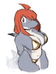  absurd_res anthro big_breasts bikini bikini_bottom bikini_top blacktip_shark breasts carcharhinus cleavage clothed clothing colored colored_sketch dorsal_fin exuvialremains female fin fish flat_colors hair hands_behind_back hi_res high-angle_view looking_at_viewer marine navel non-mammal_breasts open_mouth orange_hair red_eyes requiem_shark shark shark_tail simple_background sketch snout solo swimwear tail wide_hips 
