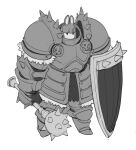  1girl animal_ears armor blunt_bangs covered_mouth fur-trimmed_armor fur_trim gauntlets greaves greyscale highres holding holding_mace holding_shield kite_shield mace monochrome no_headwear original pauldrons pikat rabbit_ears shield shoulder_armor shoulder_spikes sketch skull solid_oval_eyes solo spiked_gauntlets spiked_mace spiked_pauldrons spiked_shield spikes weapon white_background 