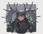  1girl animal_ears antlers blush brown_eyes brown_hair brown_scarf brown_sweater ears_down extra_ears gradient_sweater highres kemono_friends long_hair long_sleeves looking_at_viewer moose_(kemono_friends) moose_ears moose_girl sasa_fune scarf snow snowing solo sweater two-tone_sweater upper_body white_sweater 