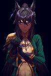  1girl adjusting_clothes adjusting_gloves animal_ears black_background black_gloves black_hair blue_eyes breasts closed_mouth commentary_request dark-skinned_female dark_skin gloves green_jacket hair_between_eyes highres horse_ears horse_girl jacket karate_(karatedazey) long_hair looking_at_viewer medium_breasts midriff open_clothes open_jacket ponytail simple_background solo symboli_kris_s_(umamusume) umamusume upper_body 