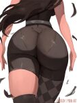  1girl artist_name ass ass_focus asymmetrical_legwear bad_link black_hair breasts feathers hololive hololive_english large_breasts long_hair mirai_hikari nerissa_ravencroft panties_visible_through_clothes sideboob simple_background thick_thighs thighs virtual_youtuber 