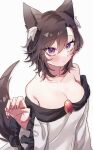  1girl absurdres animal_ear_fluff animal_ears breasts brown_hair cleavage dress from_behind hand_up haruwaka_064 highres imaizumi_kagerou large_breasts nail_polish off-shoulder_dress off_shoulder red_nails short_hair simple_background solo tail touhou white_background wolf_ears wolf_tail 