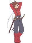  1boy arms_behind_head boots buttons english_commentary highres lloyd_irving long_sleeves looking_at_viewer male_focus official_art pants red_footwear smile spiked_hair suspenders tales_of_(series) tales_of_asteria tales_of_symphonia teeth transparent_background 