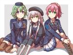  3girls altina_orion blush boots chihiro_(chihiro3399) eiyuu_densetsu green_eyes green_hair hat jacket juna_crawford long_hair looking_at_viewer multiple_girls musse_egret pink_hair purple_eyes sen_no_kiseki sen_no_kiseki_iii short_hair simple_background sitting skirt smile thighhighs thors_military_academy_branch_campus_uniform white_hair 