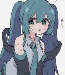  1girl bare_shoulders black_sleeves blush breasts collarbone cowlick detached_sleeves dot_nose frilled_shirt frills green_eyes green_hair green_necktie grey_shirt hair_between_eyes hair_ornament hatsune_miku highres long_hair long_sleeves looking_at_viewer n40a1 necktie open_mouth own_hands_together shirt sidelocks simple_background sleeveless sleeveless_shirt small_breasts solo sweat teeth upper_body upper_teeth_only very_long_hair vocaloid white_background 