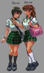  2girls adidas ayanami_rei black_footwear black_hair black_socks breasts closed_mouth conalep_school_uniform full_body green_skirt grey_background highres interface_headset keychain mexico multiple_girls neon_genesis_evangelion nerv pink_bag pxndx red_eyes ribosoma_42 school_uniform short_hair simple_background skirt socks souryuu_asuka_langley tan white_socks 