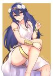  1girl blue_eyes blue_hair bracelet breasts cleavage crossed_bangs dress english_commentary family_crest feet_out_of_frame fire_emblem fire_emblem_cipher fire_emblem_heroes gold_bracelet halterneck head_wreath highres jewelry knee_up legs long_hair looking_at_viewer lucina_(fire_emblem) lucina_(valentine)_(fire_emblem) official_art sitting small_breasts smile solo thighlet thighs white_dress zet_(twt_zet) 