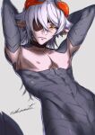  1boy armpits arms_behind_head artist_name borrowed_character brown_choker choker eyepatch fangs grey_background grey_scales highres long_hair looking_at_viewer male_focus monster_boy multicolored_eyes nekomiti nipples nude orange_eyes orange_horns parted_lips pixiv_fantasia pixiv_fantasia_mountain_of_heaven pointy_ears scales signature simple_background slit_pupils solo tail toned toned_male upper_body white_hair yellow_eyes 
