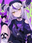  1girl baggy_clothes black_nails chain_necklace choker clothing_cutout demon_horns frilled_hairband frills grey_hair hair_between_eyes hairband holding holding_phone hololive horns jewelry la+_darknesss long_hair looking_at_viewer necklace o-ring o-ring_choker phone pointy_ears purple_hair shoulder_cutout shugao simple_background sitting solo very_long_hair yellow_eyes 