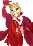  1girl ahoge bare_shoulders blonde_hair braid breasts coffeekite crown dragon_tail dress elbow_gloves facial_mark fate/grand_order fate_(series) french_braid gloves hair_bun hair_intakes hair_ribbon highres long_hair looking_at_viewer nero_claudius_(fate) queen_draco_(fate) red_dress red_eyes red_ribbon ribbon scales single_glove small_breasts solo tail thighs white_gloves 