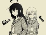  2girls ahoge bag black_serafuku character_name commentary_request crescent crescent_pin greyscale holding holding_bag kantai_collection kikuzuki_(kancolle) mikazuki_(kancolle) monochrome multiple_girls raised_eyebrow satou_ikken school_uniform serafuku 