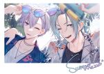  2boys aiue_o_eiua black_shirt blue_eyes blue_hair blue_shirt border bubble floral_print hawaiian_shirt highres idolish7 jewelry light_blue_hair light_purple_hair male_focus multiple_boys necklace one_eye_closed osaka_sougo palm_tree purple_eyes shirt sunglasses tree water_gun white_border white_shirt yotsuba_tamaki 