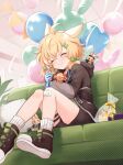  1girl ahoge animal_ears arknights balloon bandaid bandaid_on_knee bandaid_on_leg blonde_hair blue_gloves blush boots bow box brown_shorts ceiling closed_eyes closed_mouth commentary couch cushion from_below gift gift_box gloves green_bow green_shirt hair_bow hair_ornament hairclip highres holding hood hood_down hooded_jacket indoors jacket knees kroos_(arknights) long_sleeves open_clothes open_jacket ribbed_socks riku_(kanitotora) shirt shorts sitting smile socks thigh_strap 