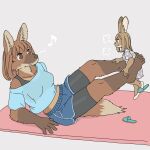  1:1 5_fingers 5_toes :3 anthro barefoot bottomwear bra brown_body brown_eyes brown_fur canid canine clothed clothing dipstick_ears duo ekaki510 feet female fingers footwear fur hair humanoid_feet inner_ear_fluff kemono lagomorph leporid loose_footwear mammal maned_wolf midriff multicolored_ears musical_note off_shoulder plantigrade pouting rabbit shirt shoe_dangle short_hair shorts size_difference slippers socks sports_bra t-shirt tan_body tan_fur toes topwear tuft underwear 