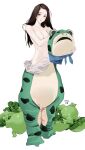  animal_costume bare_shoulders breasts brown_eyes brown_hair frog_costume highres hitomi_o large_breasts long_hair looking_to_the_side no_bra original tagme white_background 