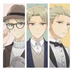  1boy black_bow black_bowtie blonde_hair blue_eyes bow bowtie brown_headwear brown_jacket closed_mouth grey_sweater hat jacket male_focus mello79 newspaper short_hair smile solo spy_x_family suit sweater twilight_(spy_x_family) 