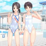  2girls absurdres black_hair blue_sky breasts brown_eyes cameltoe cloud collarbone commentary_request competition_swimsuit covered_navel day feet_out_of_frame highres lifeguard_chair logo looking_at_viewer low_twintails multicolored_clothes multicolored_swimsuit multiple_girls one-piece_swimsuit original outdoors pool poolside short_hair sky small_breasts starting_block swimsuit takafumi twintails v white_one-piece_swimsuit 