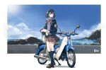  absurdres adachi_sakura adachi_to_shimamura black_socks blue_eyes blue_hair blue_jacket blue_scarf blue_shirt blue_sky bow bowtie brown_footwear brown_skirt celica_(12763948) helmet highres honda honda_super_cub jacket kneehighs logo long_sleeves motor_vehicle motorcycle_helmet ocean plaid plaid_skirt red_bow red_bowtie rock scarf scenery school_uniform scooter shirt short_hair skirt sky socks standing 