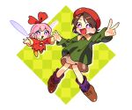  0tamt0 2girls adeleine beret brown_skirt drop_shadow fairy fairy_wings full_body hat highres kirby_(series) kirby_64 multiple_girls open_mouth pink_hair red_headwear red_ribbon ribbon ribbon_(kirby) skirt smile v wings 