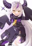  1girl ahoge ascot belt braid braided_bangs collar grey_hair highres hololive horns la+_darknesss la+_darknesss_(1st_costume) long_hair looking_at_viewer megumaru_(mgml_mgmg) metal_collar multicolored_hair open_mouth pointy_ears purple_hair sleeves_past_fingers sleeves_past_wrists smile solo streaked_hair striped_horns virtual_youtuber yellow_ascot yellow_eyes 
