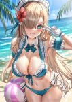  1girl asuna_(blue_archive) ball beach beachball bikini blonde_hair blue_archive blue_bikini blue_eyes blush breasts flower frilled_bikini frills gloves hair_flower hair_ornament hair_over_one_eye hairband highres holding large_breasts lolita_hairband long_hair looking_at_viewer mole mole_on_breast ocean one_eye_covered outdoors qian_wu_atai ribbon smile solo swimsuit teeth 