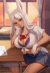  1girl animal_ears blurry blurry_background boku_no_hero_academia bow bowtie bra breasts classroom dark-skinned_female dark_skin exlic gloves hand_on_own_cheek hand_on_own_face head_rest highres indoors large_breasts long_eyelashes looking_at_viewer midriff mirko notebook patreon_username pleated_skirt purple_bra rabbit_ears rabbit_girl red_bow red_bowtie red_eyes school_uniform shirt short_sleeves sitting skirt smile solo tied_shirt underwear white_gloves white_hair white_shirt window 