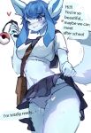  anthro asian_clothing bag clothing east_asian_clothing eeveelution female fur generation_4_pokemon glaceon japanese_clothing japanese_school_uniform nintendo paintes panties phone pokemon pokemon_(species) school school_uniform serafuku sleepyhelen smile solo solo_focus speech_bubble text underwear uniform 