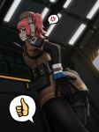  1girl anger_vein beret blush breasts brown_eyes candy covering covering_ass food girls&#039;_frontline girls&#039;_frontline_2:_exilium gloves hat headset lollipop looking_at_viewer medium_breasts missileer mp7_(girls&#039;_frontline) pantyhose red_hair side_ponytail solo spoken_anger_vein spoken_thumbs_up sweatdrop thigh_strap 