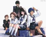  2boys 3girls :d artist_logo bag black_hair black_jacket black_sailor_collar breasts brown_hair chitanda_eru gakuran highres hyouka ibara_mayaka jacket kamiyama_high_school_uniform_(hyouka) kneehighs long_hair long_sleeves looking_at_viewer mery_(yangmalgage) multiple_boys multiple_girls nozaki_umetarou open_mouth oreki_houtarou purple_eyes sailor_collar school_uniform serafuku shirt short_hair simple_background sitting smile socks teeth translation_request upper_teeth_only white_background white_shirt white_socks 