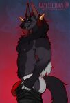  anthro arm_tuft artist_name barbell_piercing black_body black_eyebrows black_fur black_horn black_sclera black_tail clothed clothing elbow_tuft eyebrows facial_hair facial_piercing fur goatee grey_body grey_fur hi_res horn jockstrap lip_piercing lip_stud looking_at_viewer male mouth_closed narrowed_eyes nipple_barbell nipple_piercing nipples piercing rayliicious red_clothing red_horn red_jockstrap red_nipples red_underwear side_view simple_background solo standing tail tight_pants_(meme) topless tuft underwear 