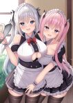  2girls absurdres apron black_dress black_thighhighs blue_eyes blush breasts cleavage cleavage_cutout clothing_cutout collarbone commentary_request crossed_bangs detached_collar dress grey_hair hair_between_eyes hanonokusa highres holding holding_tray indoors large_breasts long_hair maid maid_apron maid_headdress multiple_girls open_mouth original pink_hair purple_eyes sidelocks standing thighhighs tray twintails two_side_up window zettai_ryouiki 