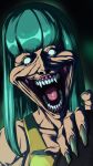  1girl absurdres aqua_hair blank_eyes blunt_bangs breasts collarbone commentary crazy_smile dragon_ball dragon_ball_z english_commentary fangs fingernails highres kinzokumatto large_breasts long_hair maron_(dragon_ball_z) portrait sharp_fingernails solo tank_top teeth tongue yellow_tank_top 