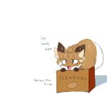  anthro averi_(fiddleafox) box brown_body brown_eyes brown_fur canid canine cardboard cardboard_box catchphrase container dipstick_tail female fiddleafox fox fur mammal markings simple_background solo tail tail_markings white_background 