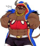  anthro bison bottomwear bovid bovine boxing_gloves brown_body brown_fur bulge capcom chain_necklace clothing fur handwear hi_res hooded_cloak horn hyaku_(artist) japanese_text jewelry m._bison male mammal muscular muscular_anthro muscular_male necklace pecs shirtless shorts solo street_fighter text vein veiny_muscles 