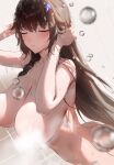  1girl absurdres ass black_hair blush breasts cleavage closed_eyes completely_nude hair_ornament hands_up highres large_breasts long_hair nude parted_lips rororo solo tatakau_ataisuru tile_wall tiles water wet yamaguchi_ryouko 