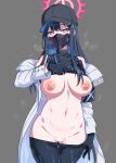  1girl absurdres black_gloves blue_archive blue_eyes blue_hair breasts censored clothes_pull coat drooling gloves gozaru grey_background halo heart heart-shaped_pupils heart_censor highres lifted_by_self long_hair looking_at_viewer mask navel nipples pants pants_pull pussy_juice saori_(blue_archive) simple_background solo symbol-shaped_pupils 