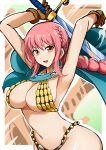  1girl absurdres armor armpits arms_up bikini_armor blush breasts brown_gloves cape cowboy_shot gladiatrix gloves green_cape highres holding holding_sword holding_weapon large_breasts long_hair looking_at_viewer multi-tied_hair navel one_piece pink_eyes pink_hair rebecca_(one_piece) scale_armor sidelocks solo sword synchroman weapon 