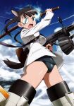  1girl absurdres animal_ears black_hair black_one-piece_swimsuit blue_sky breasts cloud day dog_ears dog_girl dog_tail drum_magazine dual_wielding extra_ears eyepatch flying gun heavy_machine_gun highres holding holding_gun holding_sword holding_weapon katana large_breasts long_hair looking_at_viewer machine_gun magazine_(weapon) military military_uniform no_pants official_art one-piece_swimsuit open_mouth outdoors ponytail print_eyepatch sakamoto_mio school_swimsuit shiny_clothes shiny_skin shirt sky solo strike_witches striker_unit swimsuit swimsuit_under_clothes sword tail takamura_kazuhiro type_99_cannon uniform weapon white_shirt world_witches_series 