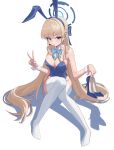  1girl :o absurdres animal_ears aqua_bow aqua_bowtie bare_shoulders blonde_hair blue_archive blue_bow blue_eyes blue_footwear blue_hair blue_halo blue_leotard blue_nails bow bowtie braid breasts chise_(jwhh123) cleavage commentary_request detached_collar fake_animal_ears fingernails hair_bow halo headset highres holding holding_clothes holding_footwear leotard long_hair looking_at_viewer medium_breasts multicolored_hair nail_polish playboy_bunny rabbit_ears shoes simple_background sitting solo thighhighs toki_(blue_archive) toki_(bunny)_(blue_archive) two-tone_hair v very_long_hair white_background white_thighhighs 