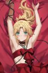  1girl absurdres blonde_hair blush braid breasts fate/apocrypha fate_(series) french_braid green_eyes highres long_hair looking_at_viewer mordred_(fate) mordred_(fate/apocrypha) parted_bangs ponytail sidelocks small_breasts solo tonee 