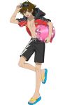  1boy ball bandaid bandaid_on_arm bandaid_on_face bandaid_on_knee bandaid_on_leg bandaid_on_nose beachball brown_hair english_commentary feet flip-flops full_body goggles goggles_on_head hair_between_eyes highres holding holding_ball hood kor_meteor legs male_focus male_swimwear navel official_art open_clothes open_mouth open_shirt sandals short_sleeves solo swim_trunks tales_of_(series) tales_of_asteria tales_of_hearts teeth toenails toes topless_male transparent_background upper_teeth_only 