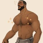  ! 1boy adam&#039;s_apple arm_hair bara beard black_hair blush bulge castlevania:_nocturne chest_hair chris_sdd dark-skinned_male dark_skin facial_hair from_side grey_pants hairy highres large_pectorals looking_ahead male_focus mature_male mizrak_(castlevania) muscular muscular_male navel navel_hair nipples outstretched_arm pants pectorals sanpaku short_hair sideburns solo sparkling_aura stomach strongman_waist sweat thick_eyebrows thick_mustache thick_neck thick_thighs thighs topless_male track_pants 