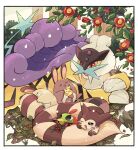  :d ^_^ alternate_color berry berry_(pokemon) blue_eyes border camellia chikafuji claws closed_eyes commentary_request drooling fangs flower food fruit furret highres hugging_another&#039;s_tail hugging_own_tail hugging_tail leaf looking_at_another lying natu no_humans one_eye_closed open_mouth plant pokemon pokemon_(creature) raikou red_eyes red_flower sentret shiny_pokemon sitrus_berry sleeping smile snow snowing tail u_u white_border 