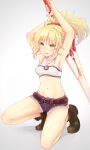  1girl :3 armpits arms_up bangs belt bikini bikini_top_only blonde_hair blush boots bracelet breasts denim denim_shorts fang fate/apocrypha fate_(series) full_body green_eyes hair_ornament highres holding holding_sword holding_weapon jewelry long_hair micro_shorts mimike mordred_(fate) mordred_(fate/apocrypha) navel necklace open_mouth pendant short_shorts shorts small_breasts smile solo squatting swimsuit sword weapon 