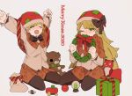  1boy 1girl 2020 arms_up bag blonde_hair blush brown_pantyhose capelet checkerboard_cookie cookie food gift green_eyes happy_teddy_bear hat holding_wreath lobotomy_corporation long_hair long_sleeves merry_christmas mu46016419 one_eye_closed open_mouth orange_capelet orange_skirt pantyhose project_moon rudolta_of_the_sleigh santa_hat seiza shirt simple_background sitting skirt stuffed_animal stuffed_toy teddy_bear tiphereth_a_(project_moon) tiphereth_b_(project_moon) very_long_hair wariza white_background white_shirt 