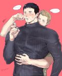  ... 2boys artist_name bara black_hair black_sweater brown_hair brown_shirt chris_redfield cigarette facial_hair highres holding holding_cigarette holding_lighter kuconoms lighter male_focus multiple_boys muscular muscular_male piers_nivans pink_background resident_evil resident_evil_6 shirt short_hair simple_background sweat sweater upper_body 