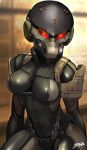  1girl bodysuit breasts commission frogs_(metal_gear) glowing glowing_eyes helmet highres looking_at_viewer medium_breasts metal_gear_(series) metal_gear_solid metal_gear_solid_4:_guns_of_the_patriots original signature sitting skeb_commission skin_tight solo sunao_(70_the) 