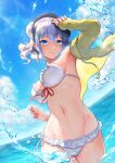  1girl alternate_costume arm_up beret bikini black_headwear blue_eyes breasts closed_mouth commentary_request day front-tie_bikini_top front-tie_top grey_hair hat highres isasin929 jacket kantai_collection kashima_(kancolle) large_breasts long_hair looking_at_viewer navel open_clothes open_jacket outdoors side-tie_bikini_bottom smile solo splashing stomach sunlight swimsuit twintails twisted_torso wavy_hair wet white_bikini yellow_jacket 